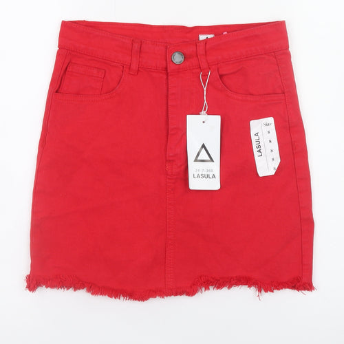 Lasula Womens Red Mini Denim Skirt Size 8 High Waist Stretch
