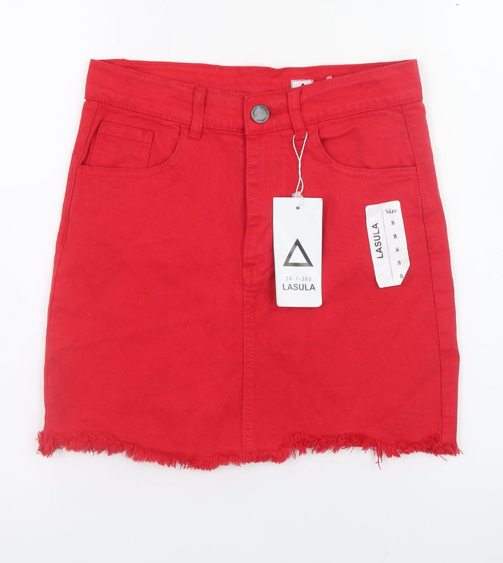 Lasula Womens Red Mini Denim Skirt Size 8 High Waist Stretch
