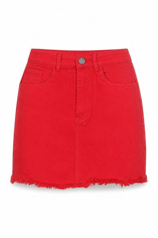 Front view of Lasula women’s red mini denim skirt, size UK 8, high waist stretch