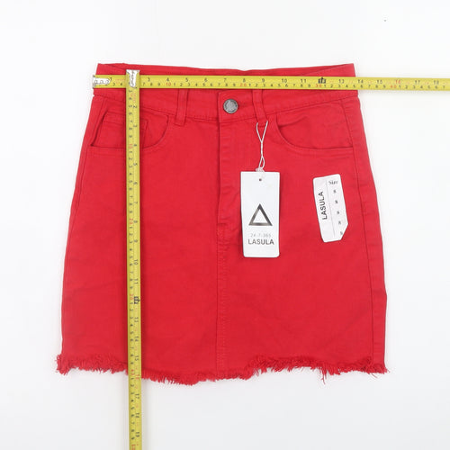 Lasula Womens Red Mini Denim Skirt Size 8 High Waist Stretch