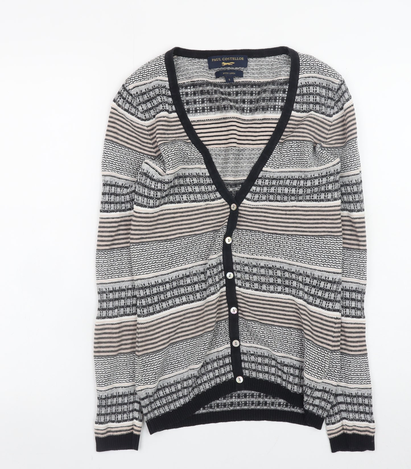Paul Costelloe Women’s Beige Striped Linen Blend V-Neck Cardigan Size S