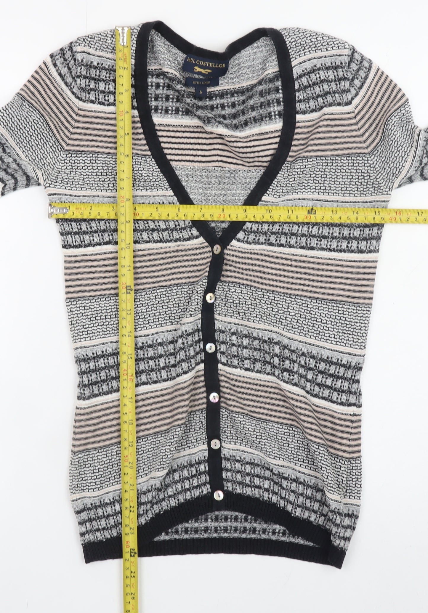 Paul Costelloe Women’s Beige Striped Linen Blend V-Neck Cardigan Size S