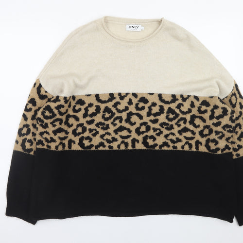 ONLY Womens Beige Leopard Print Crew Neck Jumper Size L