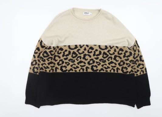 ONLY Womens Beige Leopard Print Crew Neck Jumper Size L
