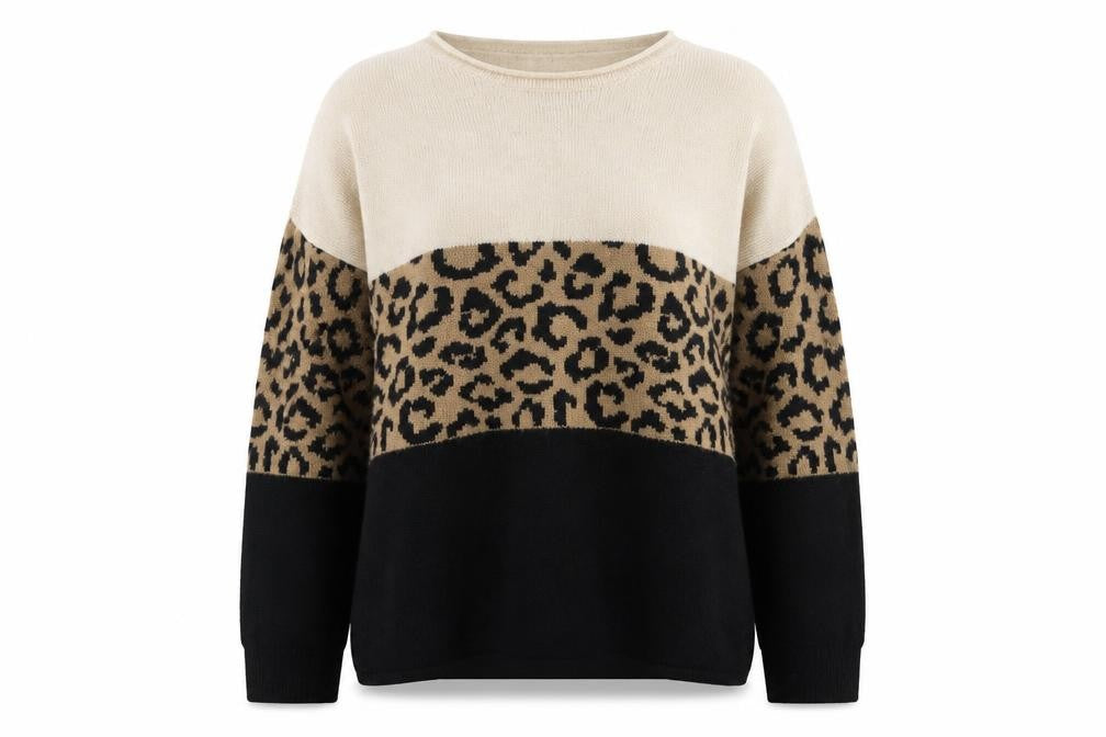 Front view of Only women’s beige leopard print crew neck jumper, size L