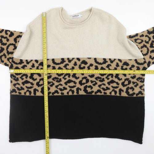 ONLY Womens Beige Leopard Print Crew Neck Jumper Size L