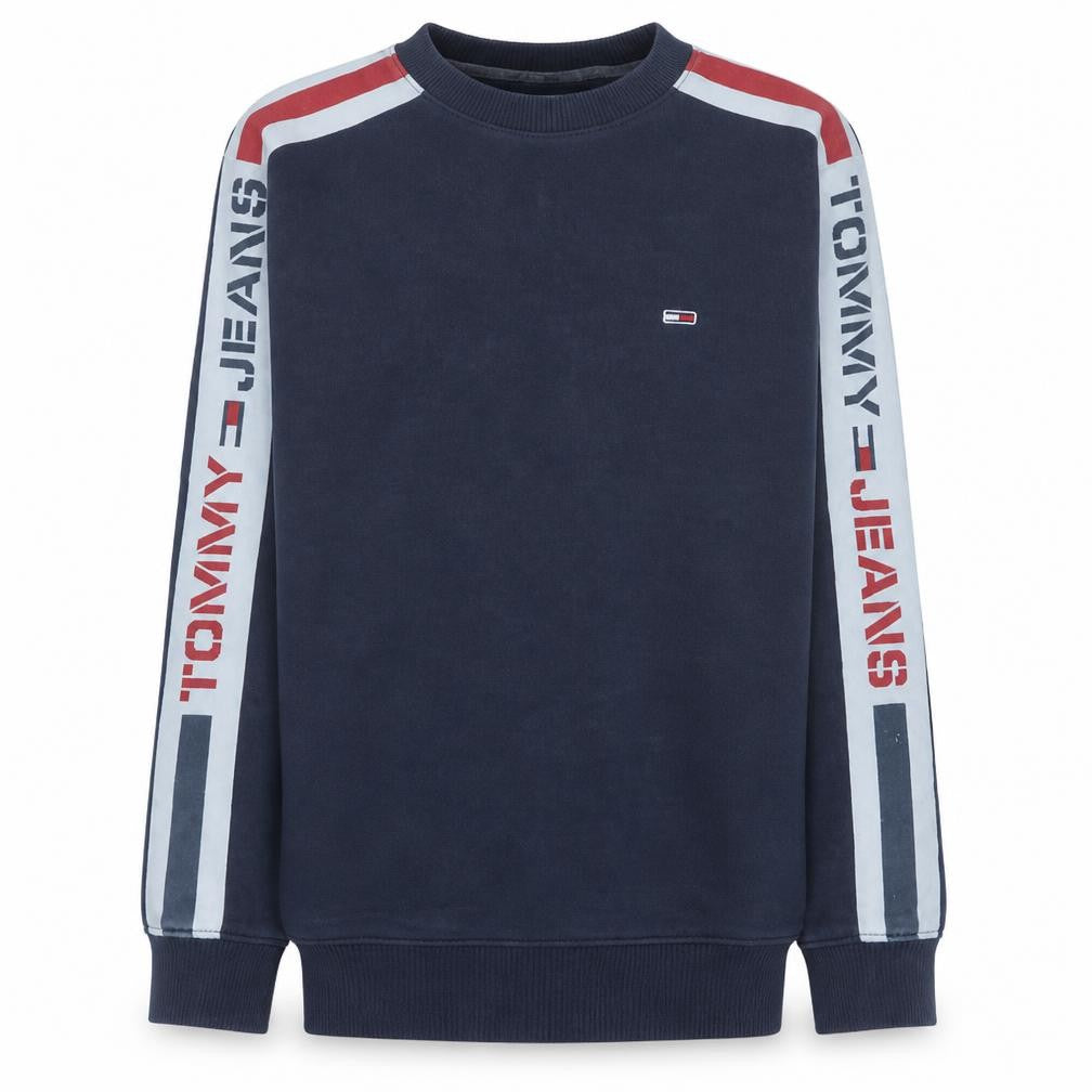 Front view of Tommy Jeans Men's Blue Logo Crew Neck Sweatshirt, size S