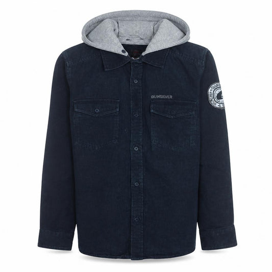 Front view of Quiksilver Men's Navy Blue Hooded Button-Up Shirt, size 12, Regular Fit