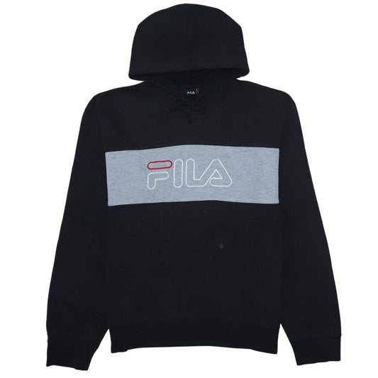 FILA Mens Black Pullover Hoodie L Logo Graphic Fleece Sweatshirt