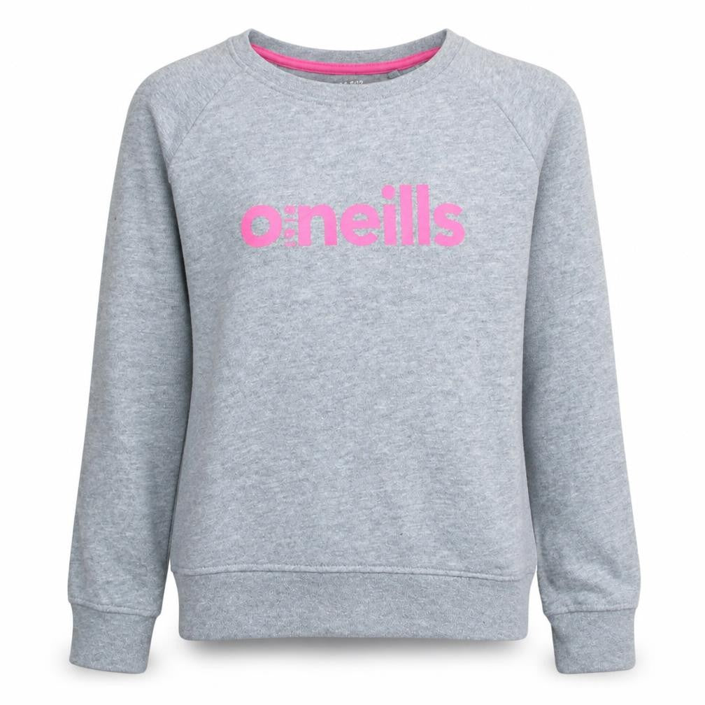 Front view of O'Neill girls’ grey pullover sweatshirt 9-10 years logo crew neck