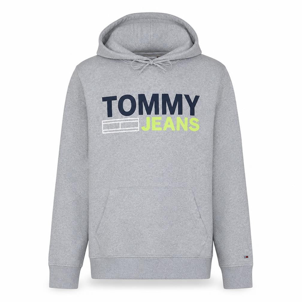 Front view of Tommy Jeans Men's Grey Logo Pullover Hoodie, size L, Regular Fit