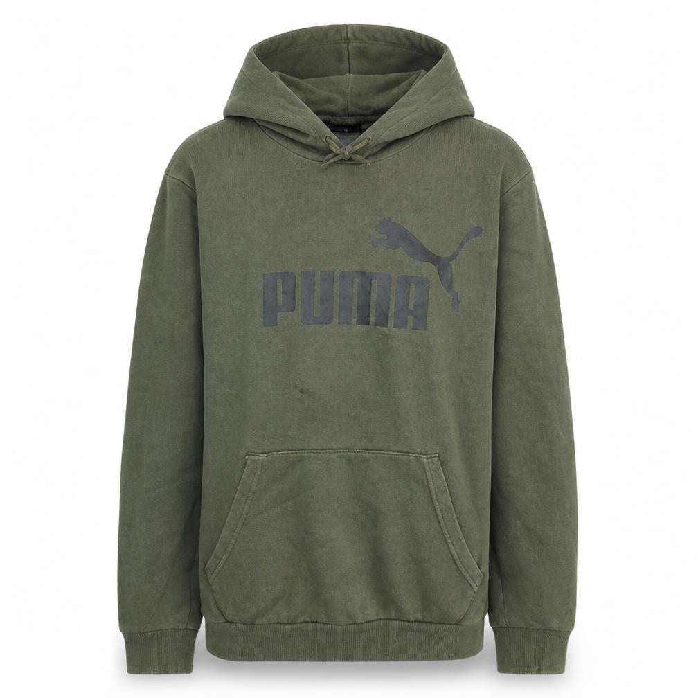 Front view of Puma Men's Green Pullover Hoodie Small Logo Fleece Sweatshirt