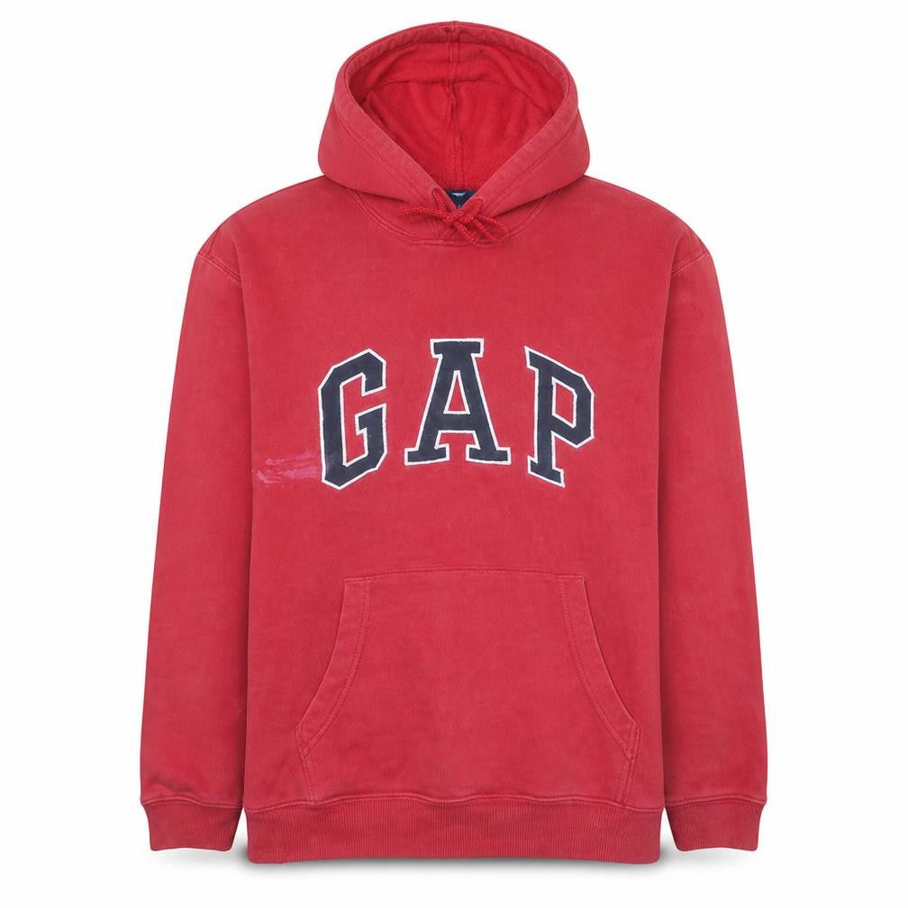 Front view of Gap men’s red pullover hoodie l hooded fleece sweatshirt