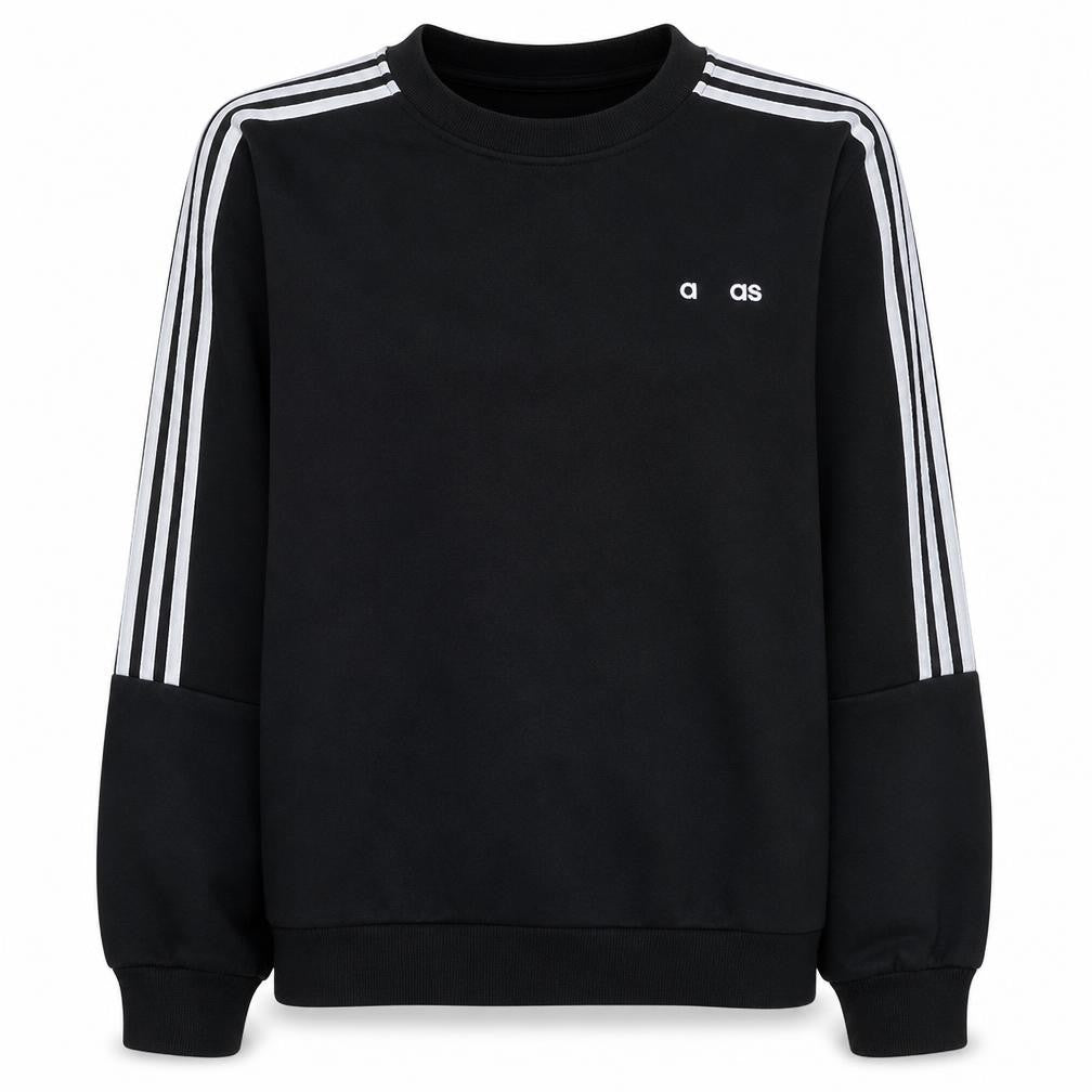 Front view of Adidas Women Black Crew Neck Pullover Sweatshirt L with Stripes