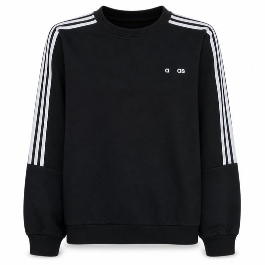 Front view of Adidas Women Black Crew Neck Pullover Sweatshirt L with Stripes