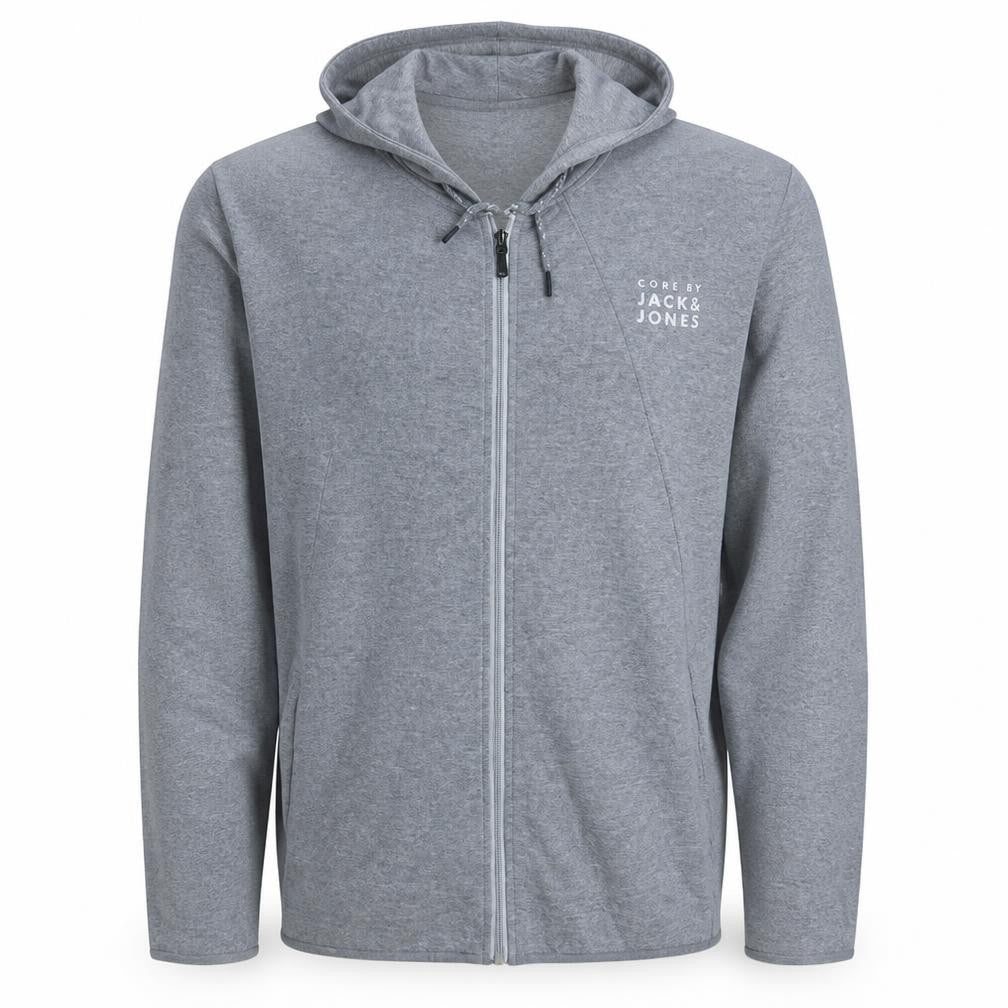 Front view of Jack & Jones Men's Grey Full Zip Hoodie XL Regular Fit