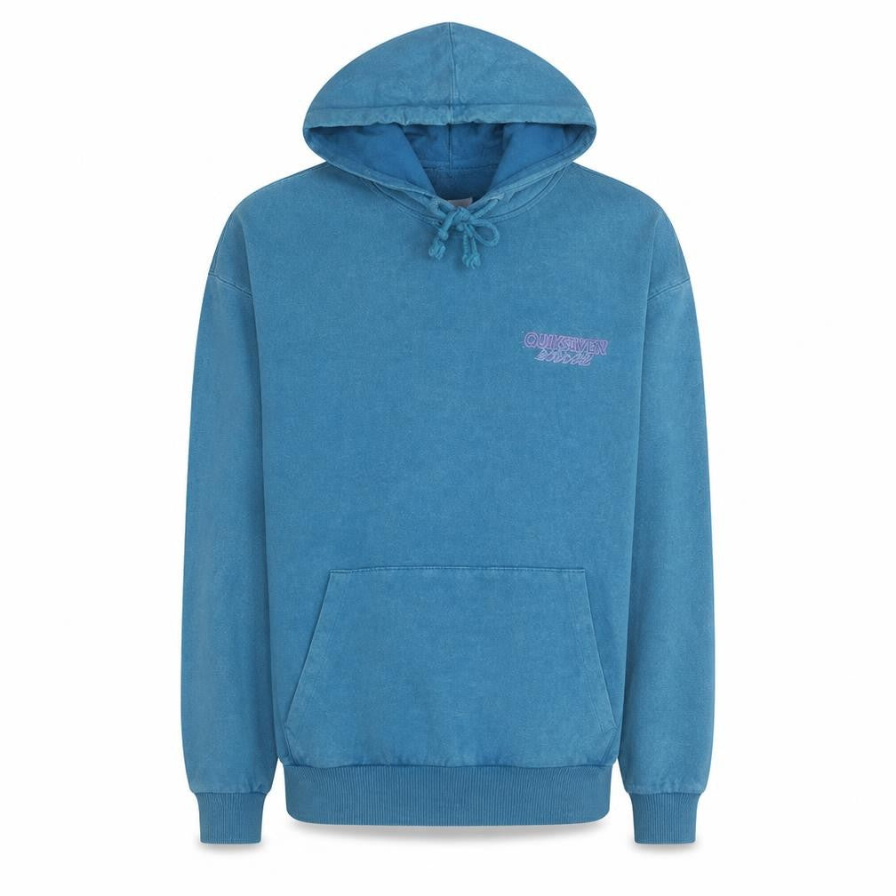 Front view of Collusion men’s blue graphic pullover hoodie, size M