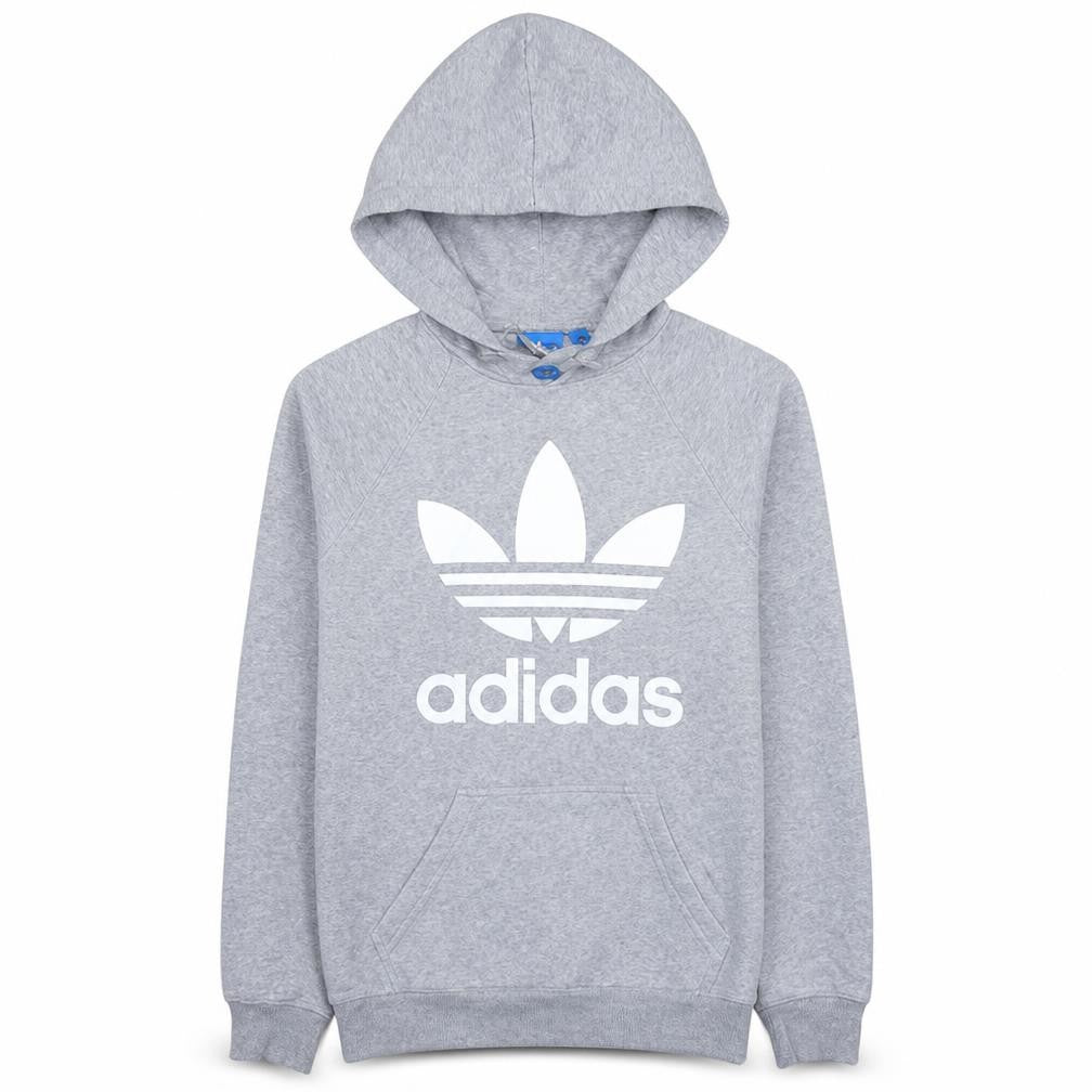 Front view of Adidas Men's Grey XS Pullover Hoodie with Logo Graphic