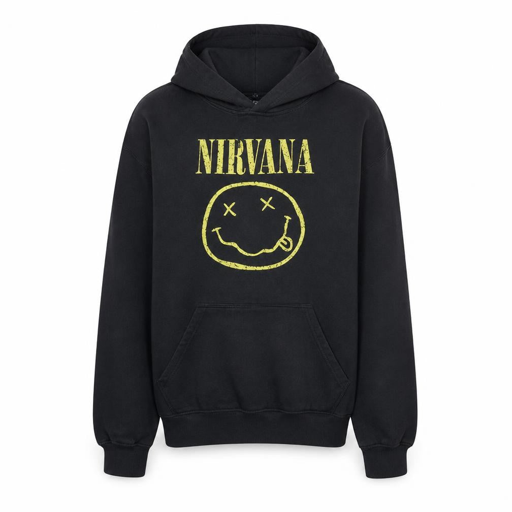 Front view of boohooMAN Men's Black Nirvana Graphic Pullover Hoodie, size S