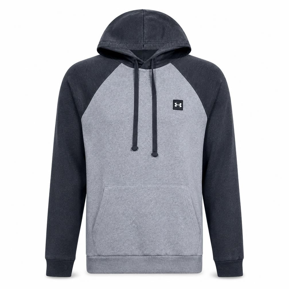 Front view of Under Armour Men's Grey & Black Pullover Hoodie, size M, Cotton Blend