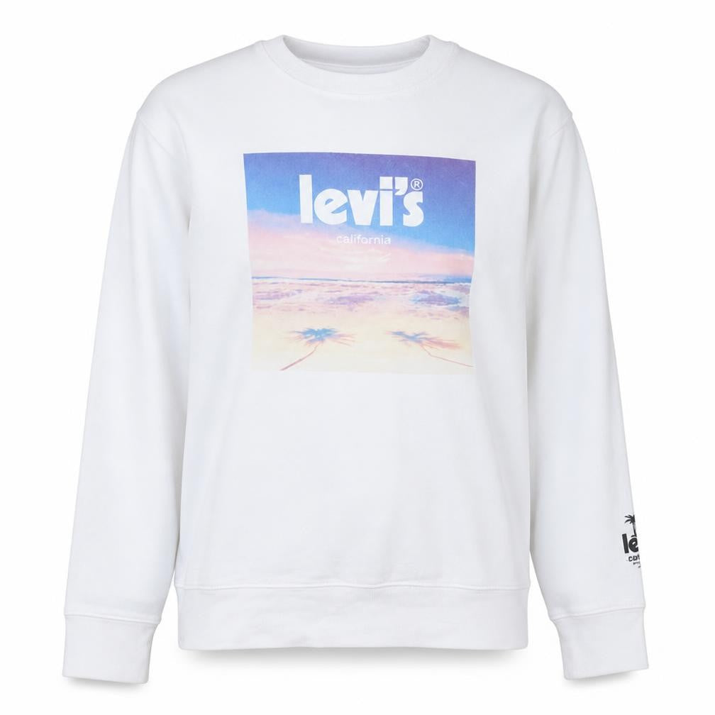 Front view of Levi's Women's White Relaxed Sweatshirt L Crew Neck Graphic Print