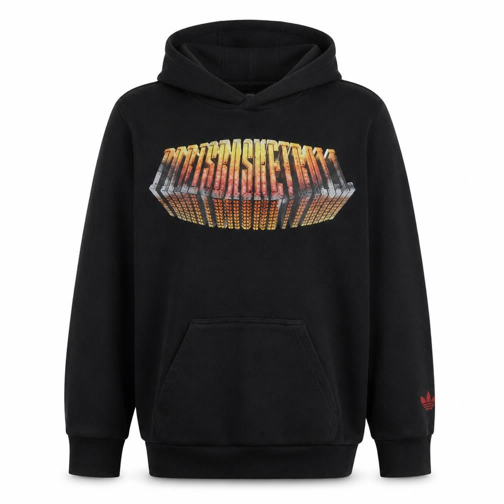 Front view of Adidas men’s black pullover hoodie, size M, basketball graphic