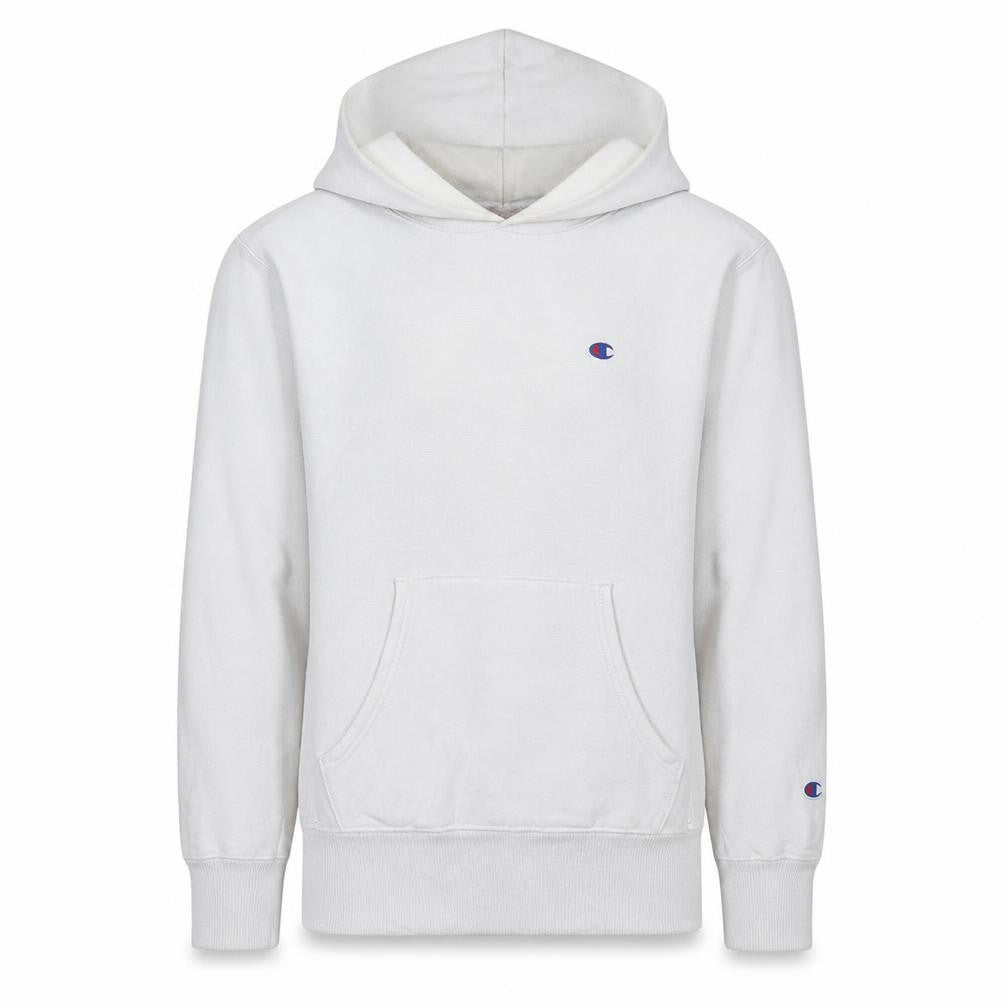 Front view of Champion men’s white medium pullover hoodie sweatshirt