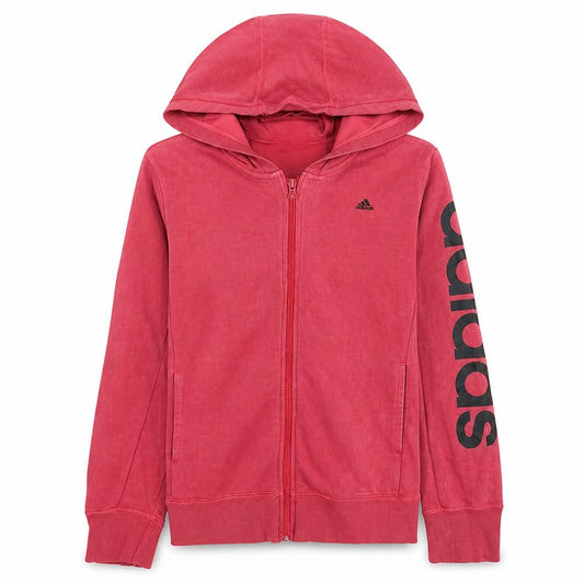 Front view of Adidas women’s red full zip hoodie, size UK 10, climalite sweatshirt