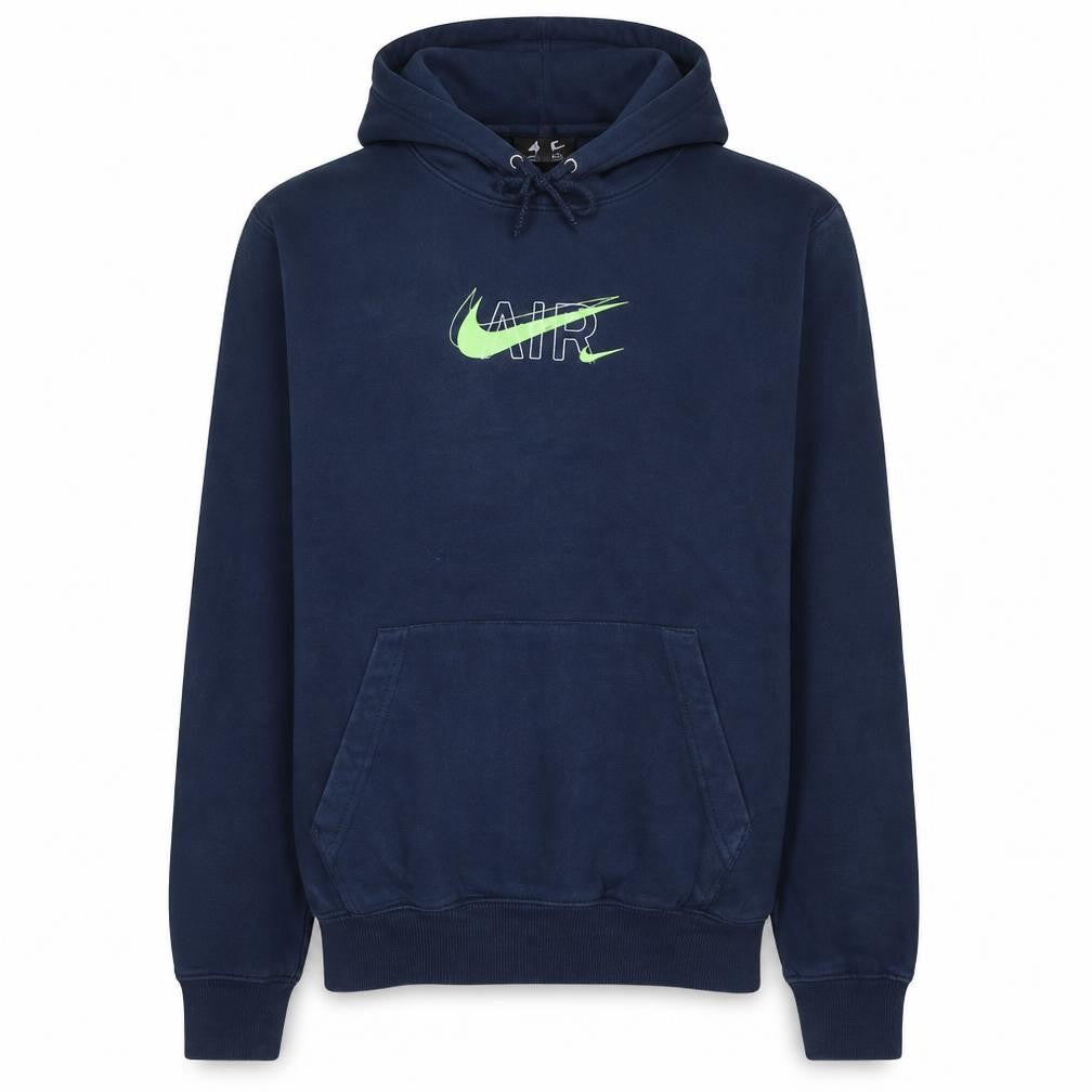Front view of Nike men’s navy blue pullover hoodie medium cotton graphic print