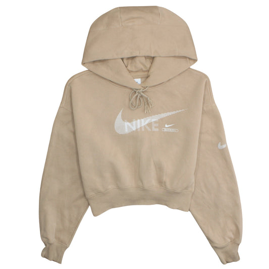 Nike Womens Beige Hoodie Medium Cropped Pullover Drawstring Logo