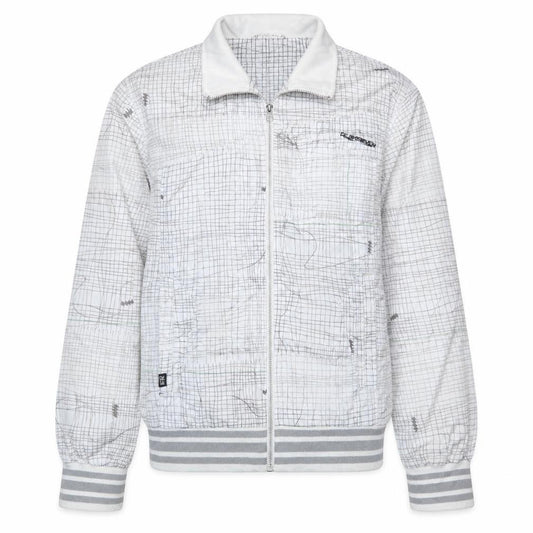 Front view of Quiksilver men’s white geometric track jacket, size M, lightweight