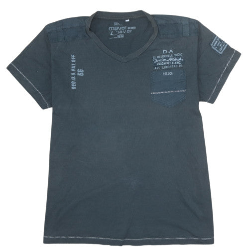 Maver Denim Men's Grey V-Neck Graphic Print Cotton T-Shirt L