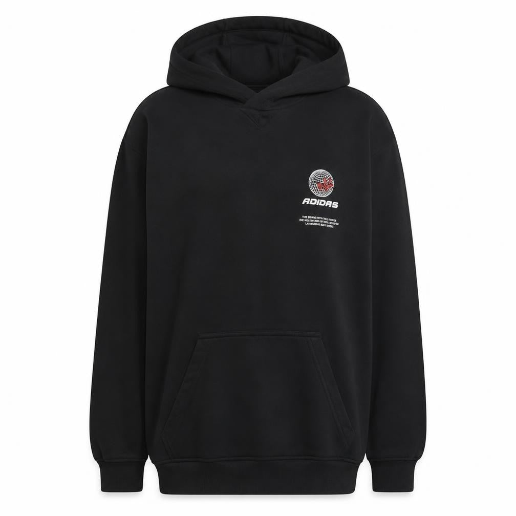 Front view of Adidas men’s black pullover hoodie m graphic logo sportswear