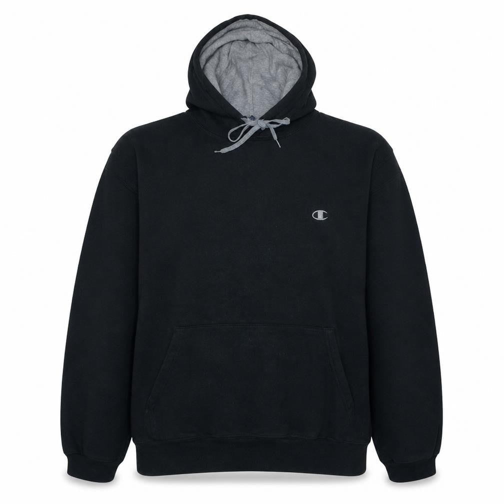 Front view of Champion Men’s Black Pullover Hoodie, size L, Regular Fit Fleece
