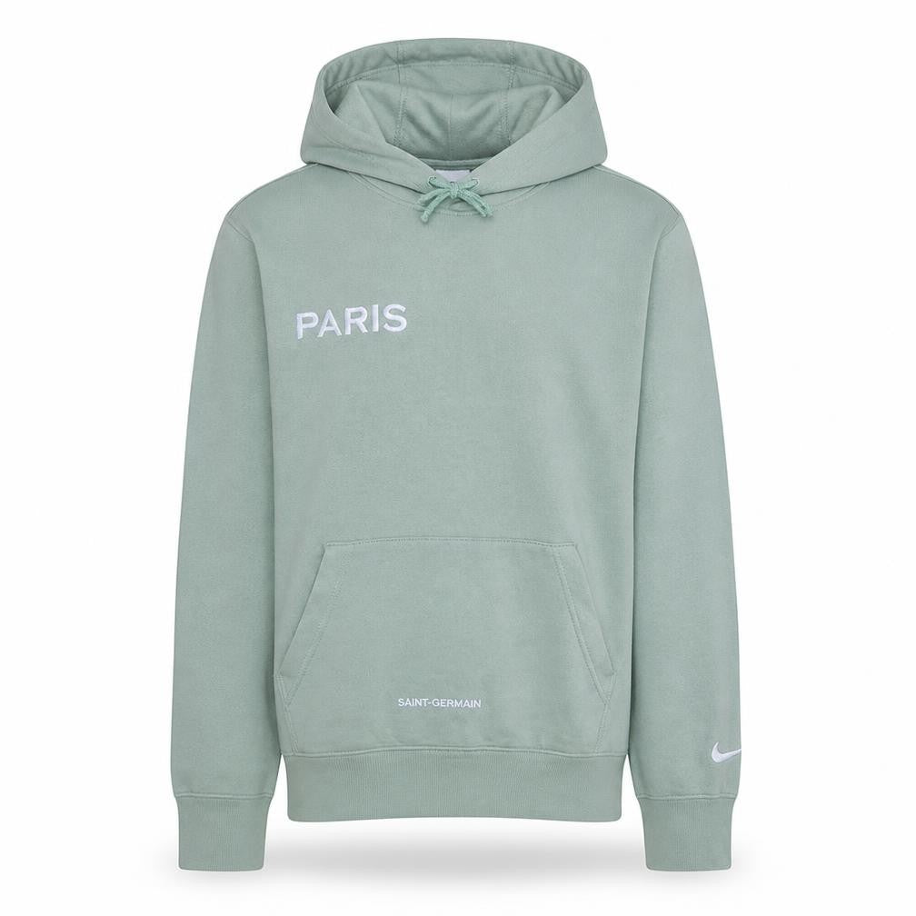 Front view of Nike Men’s Green Paris Saint-Germain Pullover Hoodie, size S