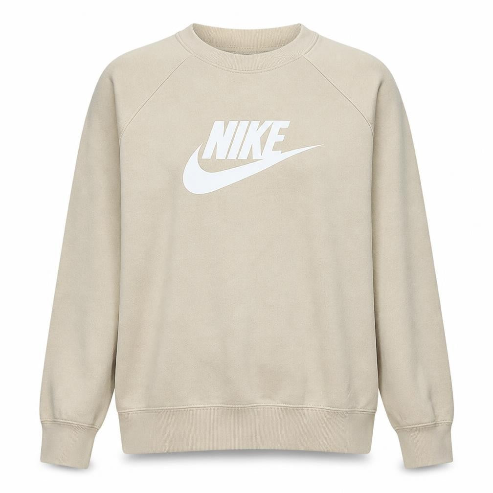 Front view of Nike women’s beige crew neck pullover sweatshirt, size M