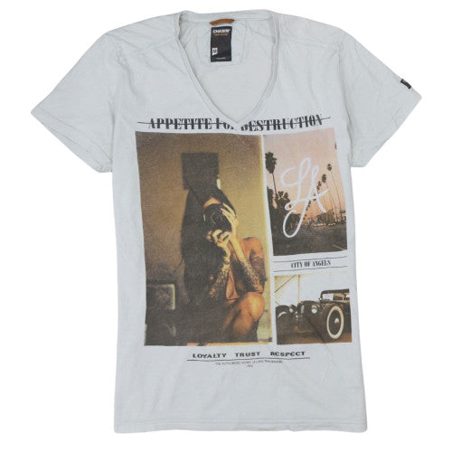Chasin' Men's Grey Graphic Print V-Neck Cotton T-Shirt Size M