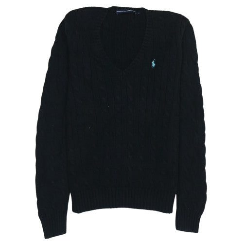 Ralph Lauren Sport Women's Black Cable-Knit V-Neck Cotton Jumper Size L