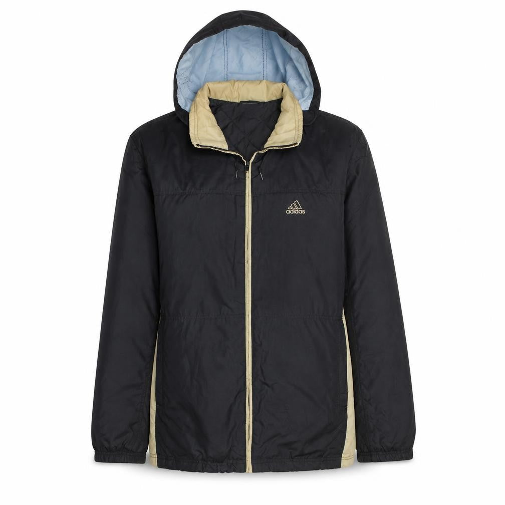 Front view of Adidas women’s black hooded puffer jacket, size L, lightweight winter coat