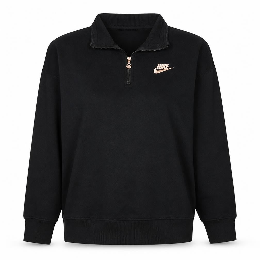 Front view of Nike women’s black oversized 1/4 zip sweatshirt, size S