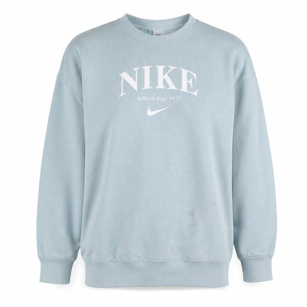 Front view of Nike women’s blue pullover sweatshirt small crew neck logo print