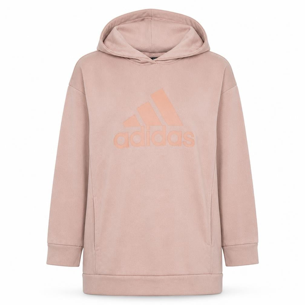 Front view of Adidas women’s pink long sleeve pullover hoodie, size UK 12, casual