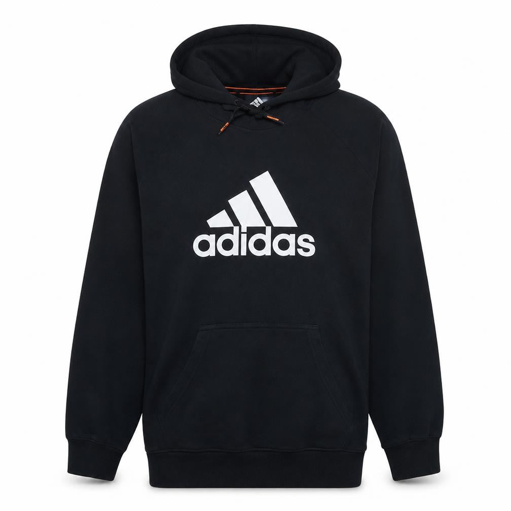 Front view of Adidas Men's Black Medium Pullover Hoodie with Logo Print