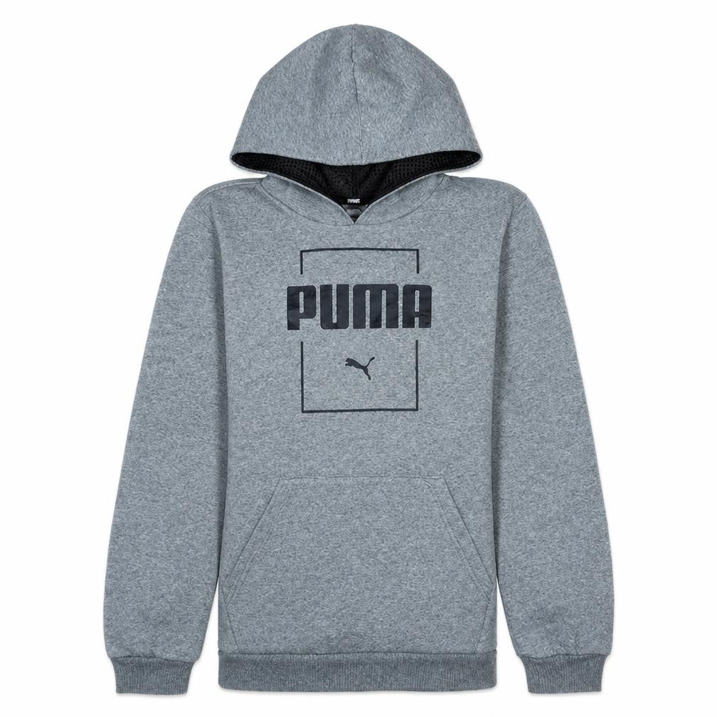 Front view of Puma boys’ grey pullover hoodie 13-14 years regular fit fleece sweatshirt