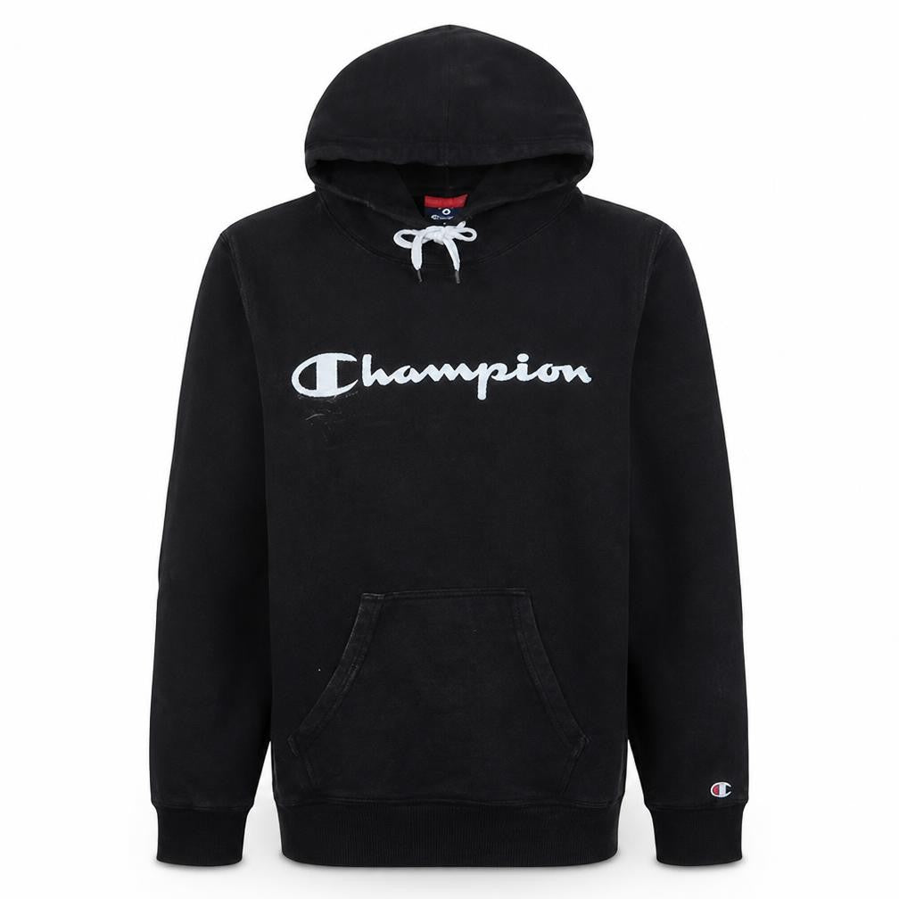 Front view of Champion Men's Black XS Pullover Hoodie with Logo Print
