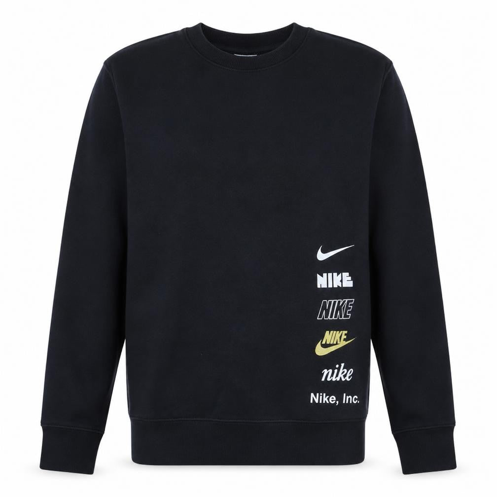 Front view of Nike Men's Black Small Crew Neck Graphic Print Pullover Sweatshirt