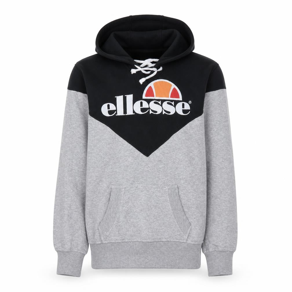 Front view of Ellesse men’s grey pullover hoodie medium retro sports style