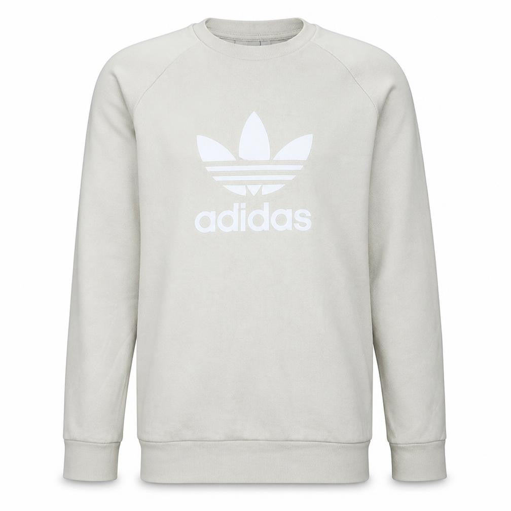 Front view of Adidas men’s beige small trefoil logo pullover sweatshirt
