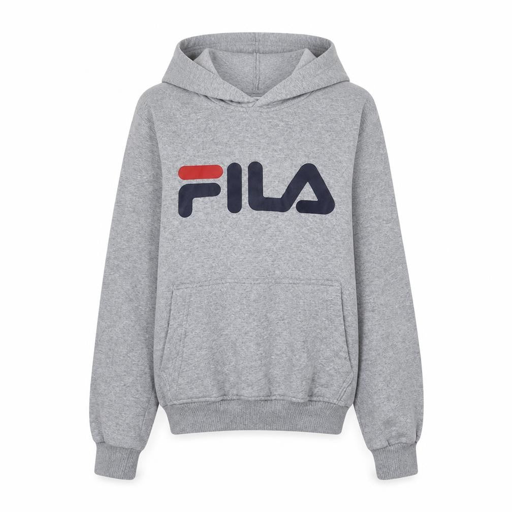 Front view of Fila women’s grey pullover hoodie medium logo print casual sweatshirt