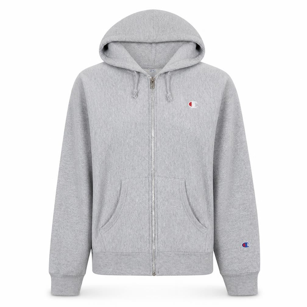 Front view of Champion women’s grey small reverse weave full zip hoodie